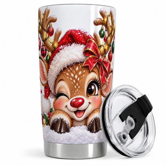 Winking Christmas Reindeer Tumbler 20oz, Ornament Design