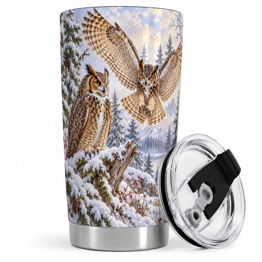 Great Horned Owls Tumbler 20oz, Winter Mountain Scene