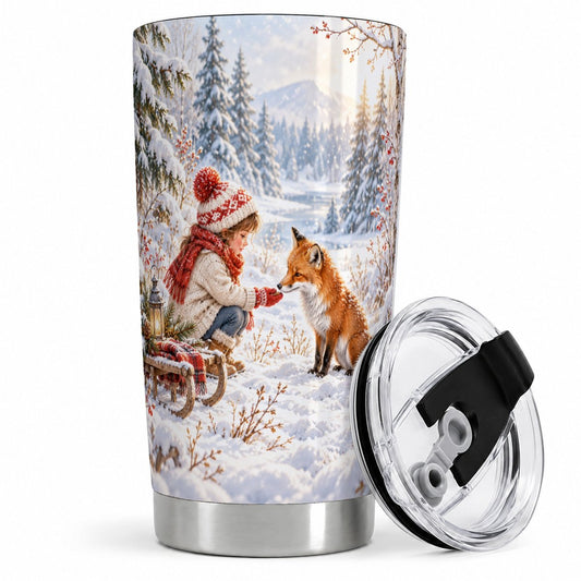 Girl and Fox Tumbler 20oz, Snowy Forest Illustration