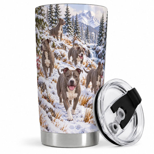 Five Pit Bull Dogs Tumbler 20oz, Winter Forest Scene