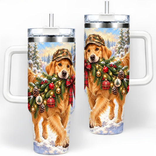 Winter Golden Retriever Tumbler 40oz, Camo Cap Artwork