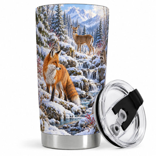 Winter Woodland Animals Tumbler 20oz, Snowy Creek Scene