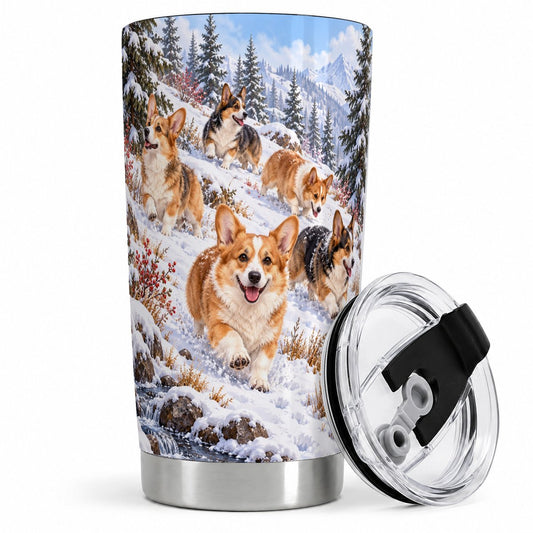Winter Corgi Dogs Tumbler 20oz, Snowy Mountain Landscape