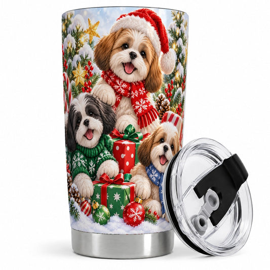 Christmas Shih Tzu Dogs Tumbler 20oz, Snowy Tree Scene