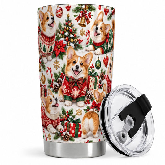 Christmas Corgi Dogs Tumbler 20oz, Festive Pattern Art