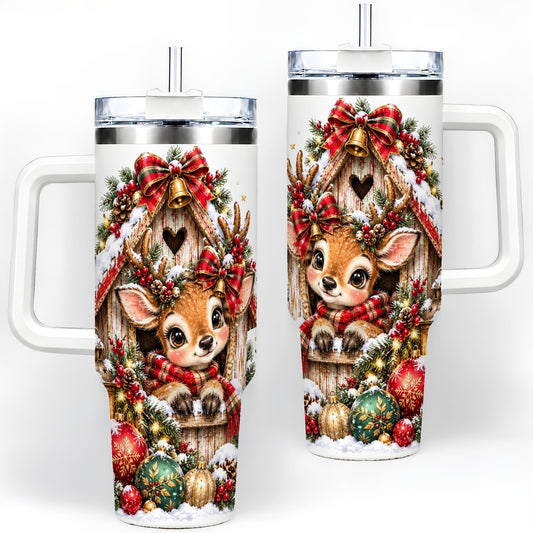 Christmas Fawn Tumbler 40oz, Snowy Birdhouse Scene