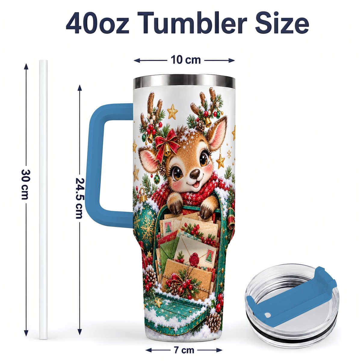#pl[40oz|Blue] Christmas Reindeer Tumbler 40oz, Holiday Mailbox