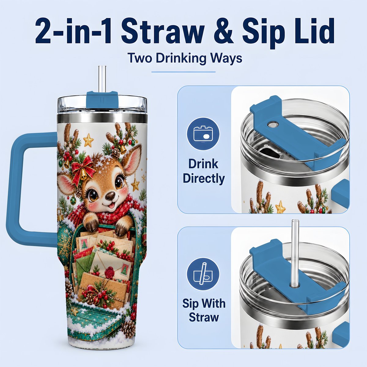 #pl[40oz|Blue] Christmas Reindeer Tumbler 40oz, Holiday Mailbox