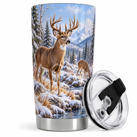 Winter Deer Tumbler 20oz, Snowy Mountain Creek Artwork