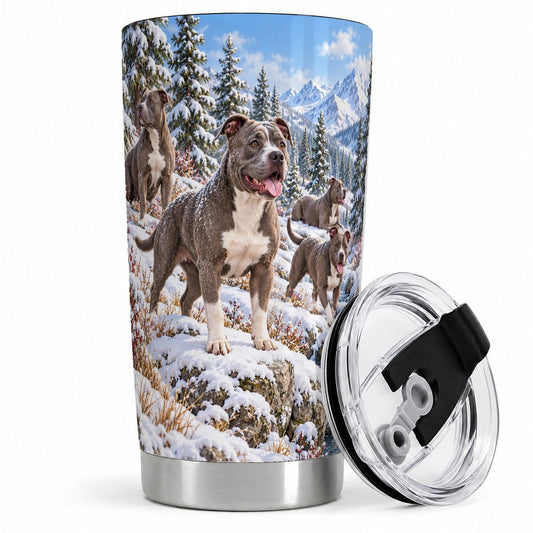 Winter Pit Bull Dogs Tumbler 20oz, Snowy Forest Artwork