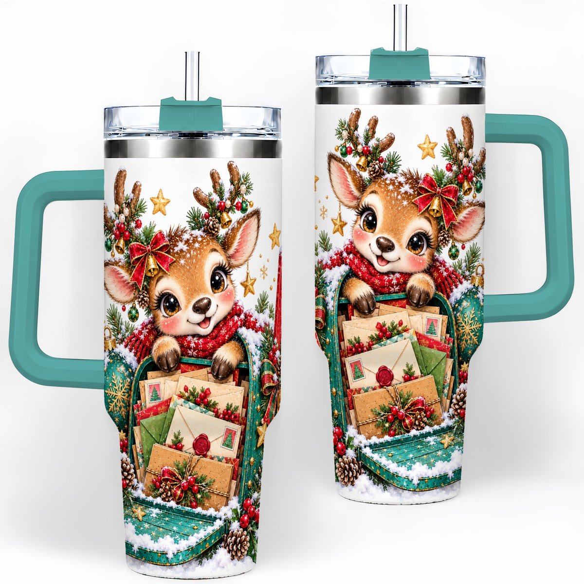 #pl[40oz|Green] Christmas Reindeer Tumbler 40oz, Holiday Mailbox