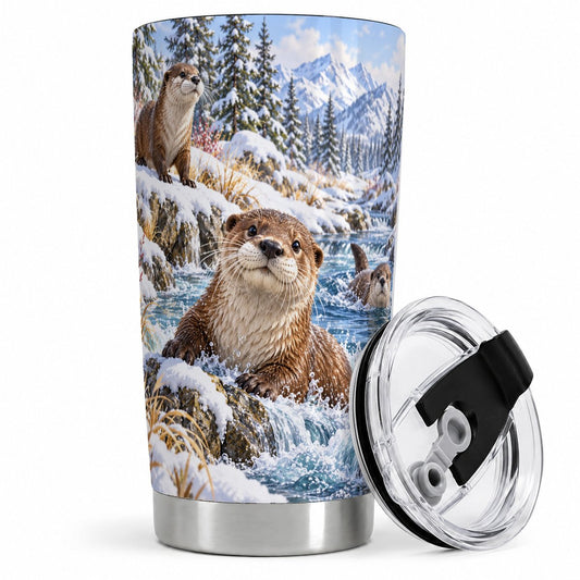 Winter Otters Tumbler 20oz, Mountain Stream Scene