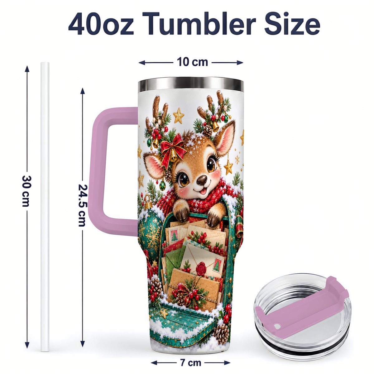 #pl[40oz|Pink] Christmas Reindeer Tumbler 40oz, Holiday Mailbox