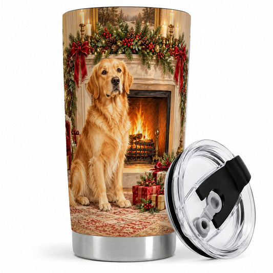 Christmas Golden Retriever Tumbler 20oz, Cozy Fireplace Artwork