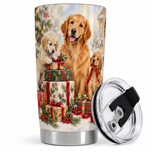 Christmas Golden Retriever Family Tumbler 20oz, Holiday Scene