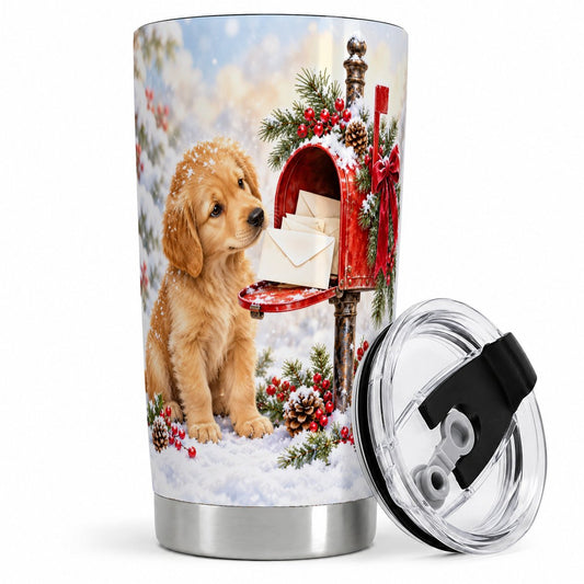 Christmas Golden Retriever Puppy Tumbler 20oz, Red Mailbox Art
