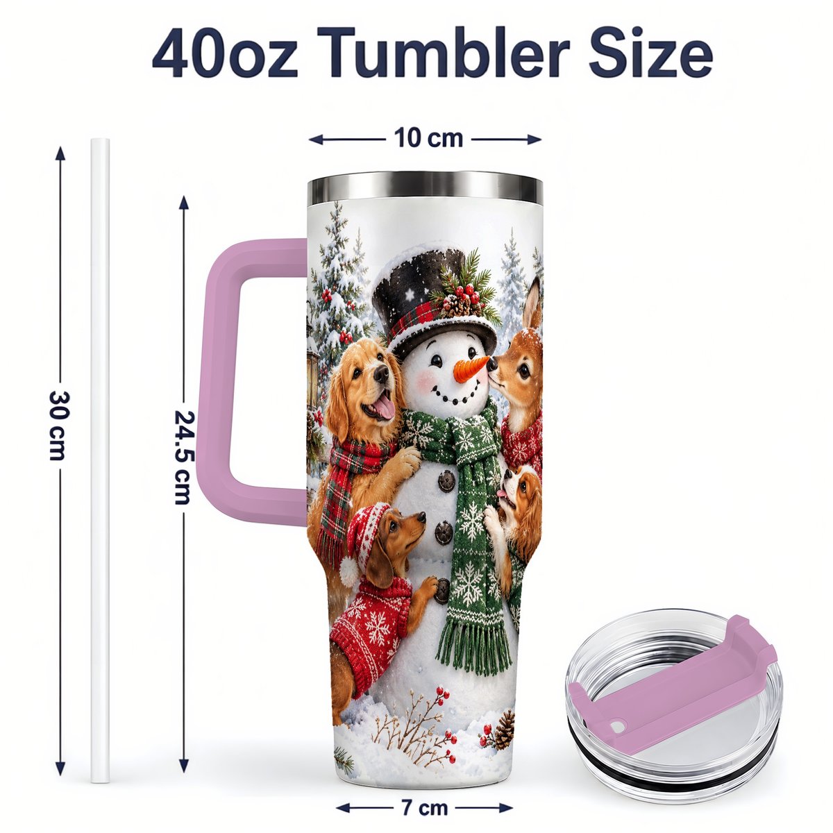 #pl[40oz|Pink] Christmas Snowman and Animal Friends Tumbler 40oz