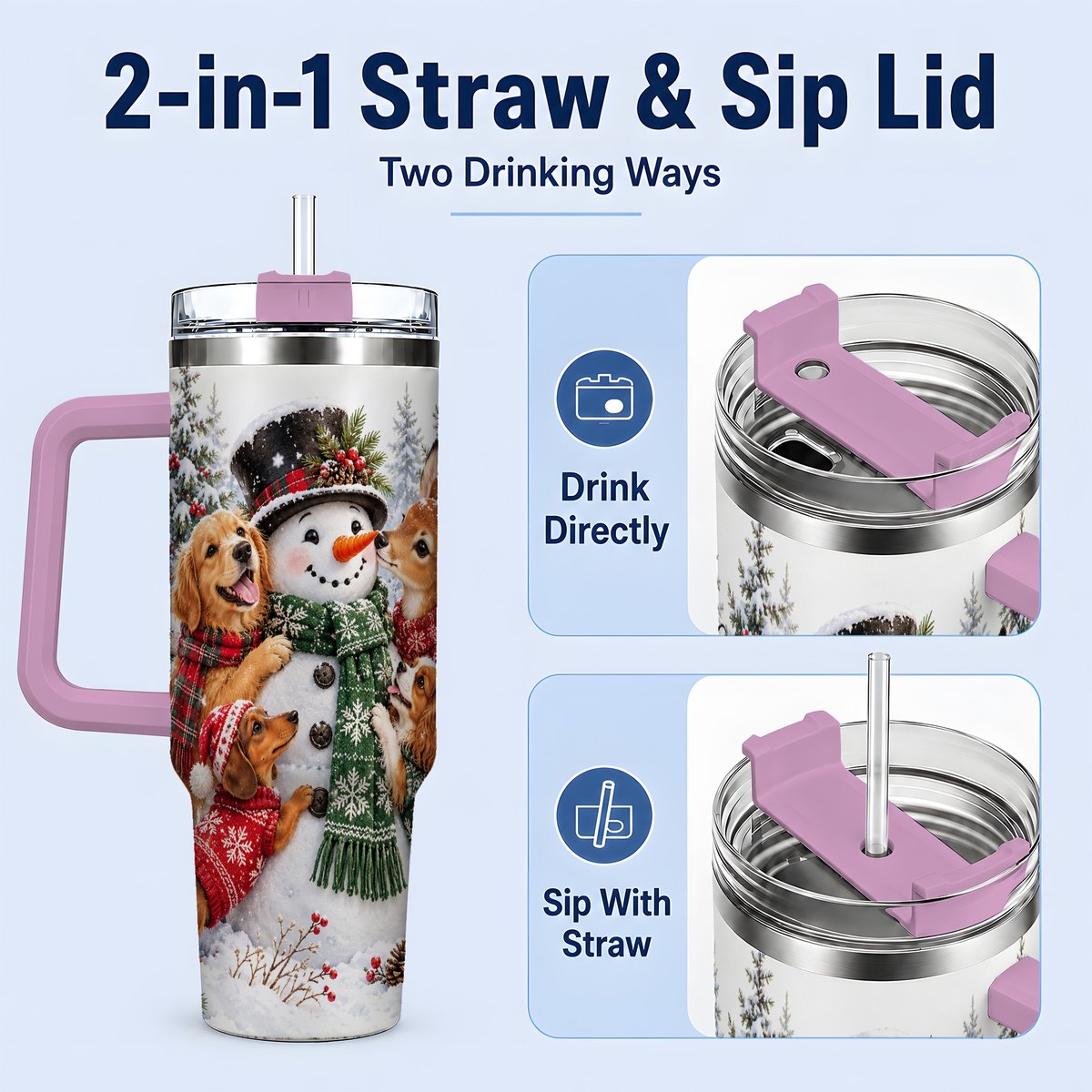 #pl[40oz|Pink] Christmas Snowman and Animal Friends Tumbler 40oz