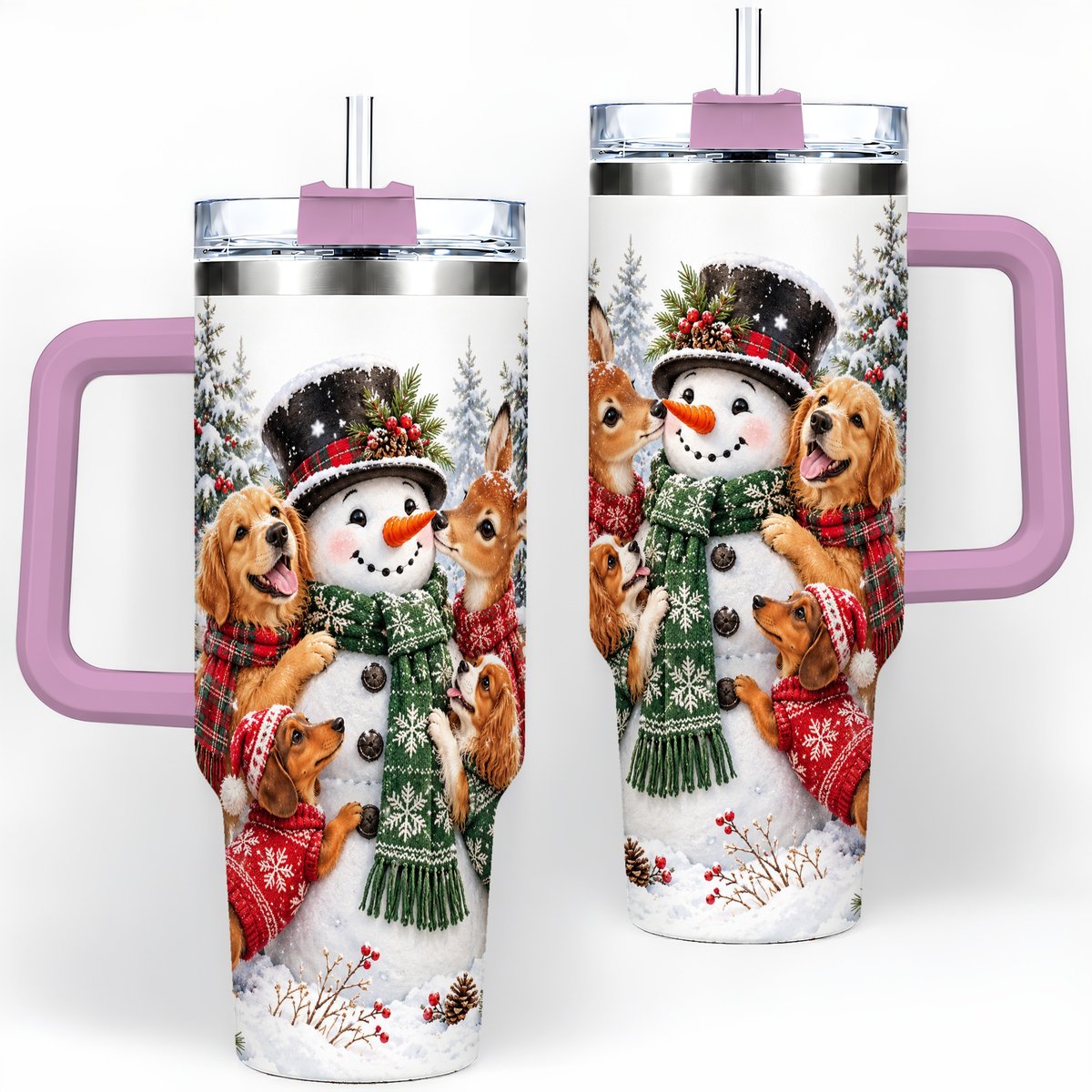 #pl[40oz|Pink] Christmas Snowman and Animal Friends Tumbler 40oz