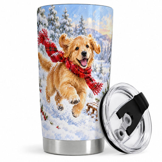 Winter Golden Retriever Puppy Tumbler 20oz, Red Plaid Scarf