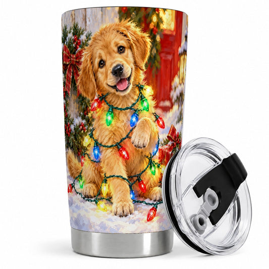 Christmas Lights Golden Retriever Puppy Tumbler 20oz, Holiday Art