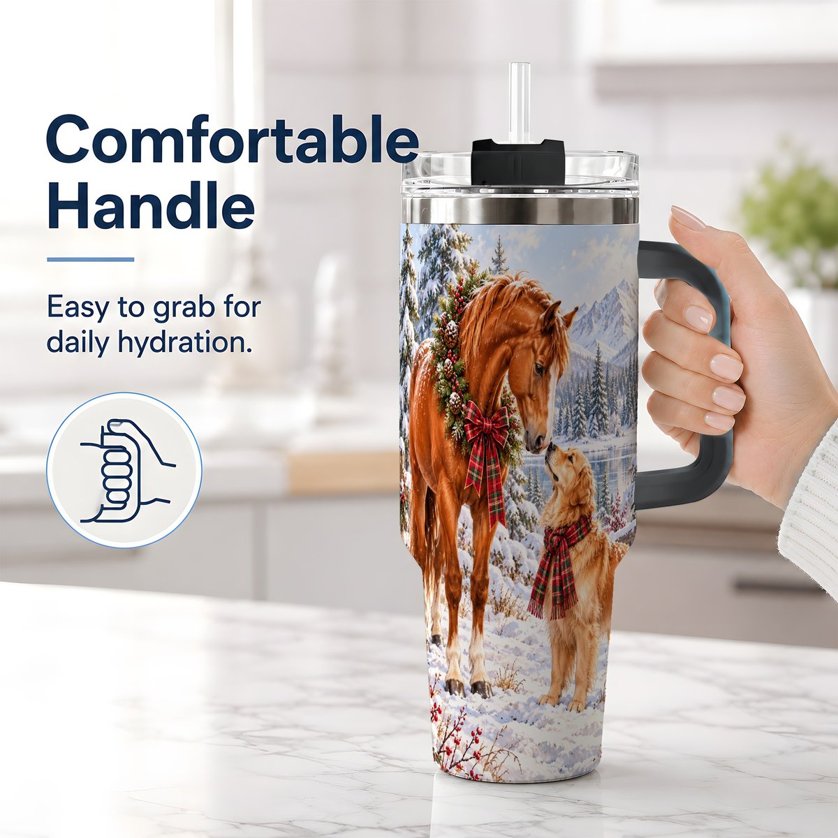 #pl[40oz|Black] Winter Horse and Golden Retriever Tumbler 40oz
