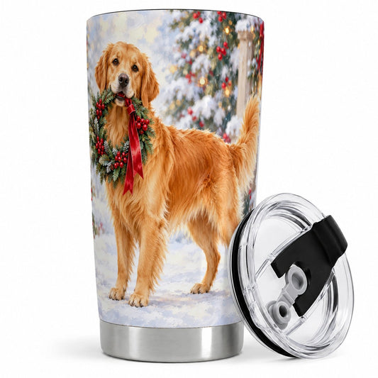 Christmas Wreath Golden Retriever Tumbler 20oz, Winter Dog Art