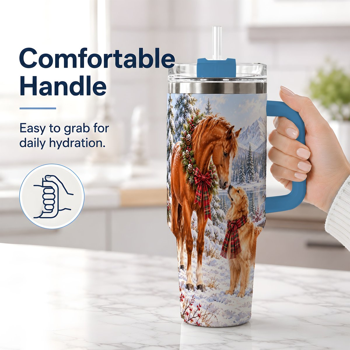 #pl[40oz|Blue] Winter Horse and Golden Retriever Tumbler 40oz