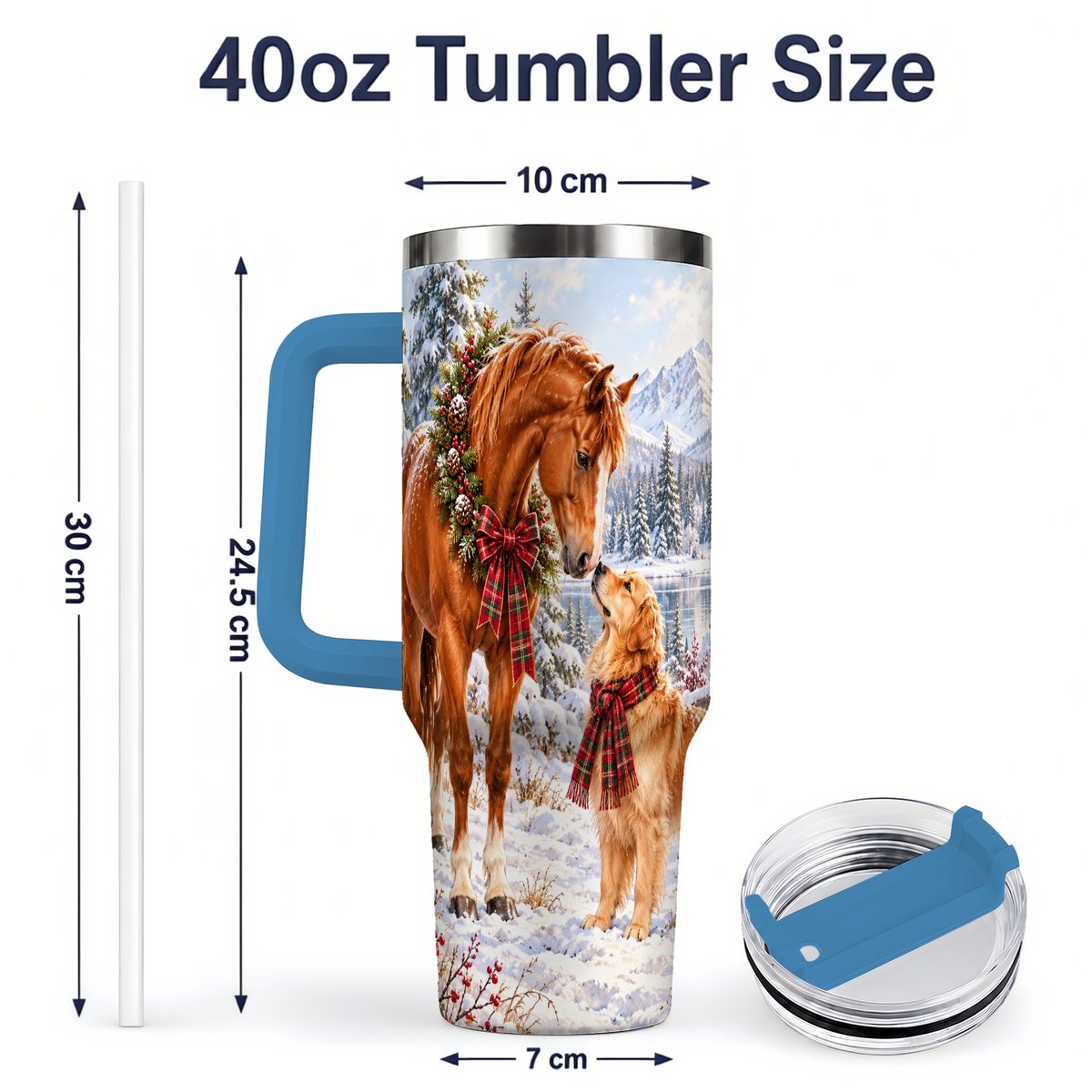 #pl[40oz|Blue] Winter Horse and Golden Retriever Tumbler 40oz