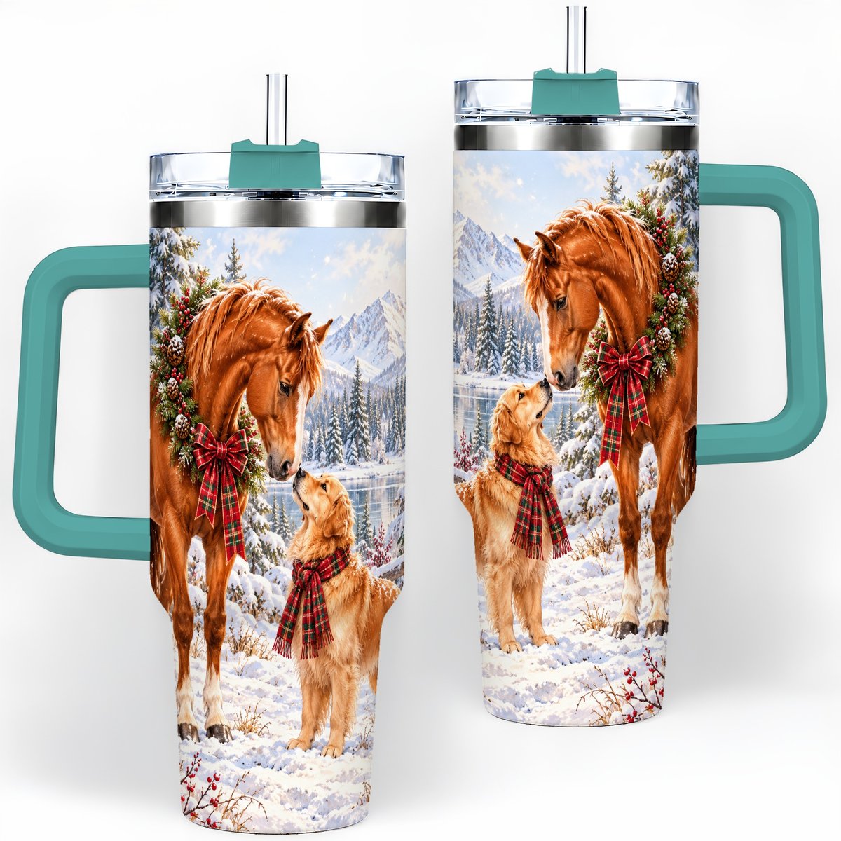 #pl[40oz|Green] Winter Horse and Golden Retriever Tumbler 40oz