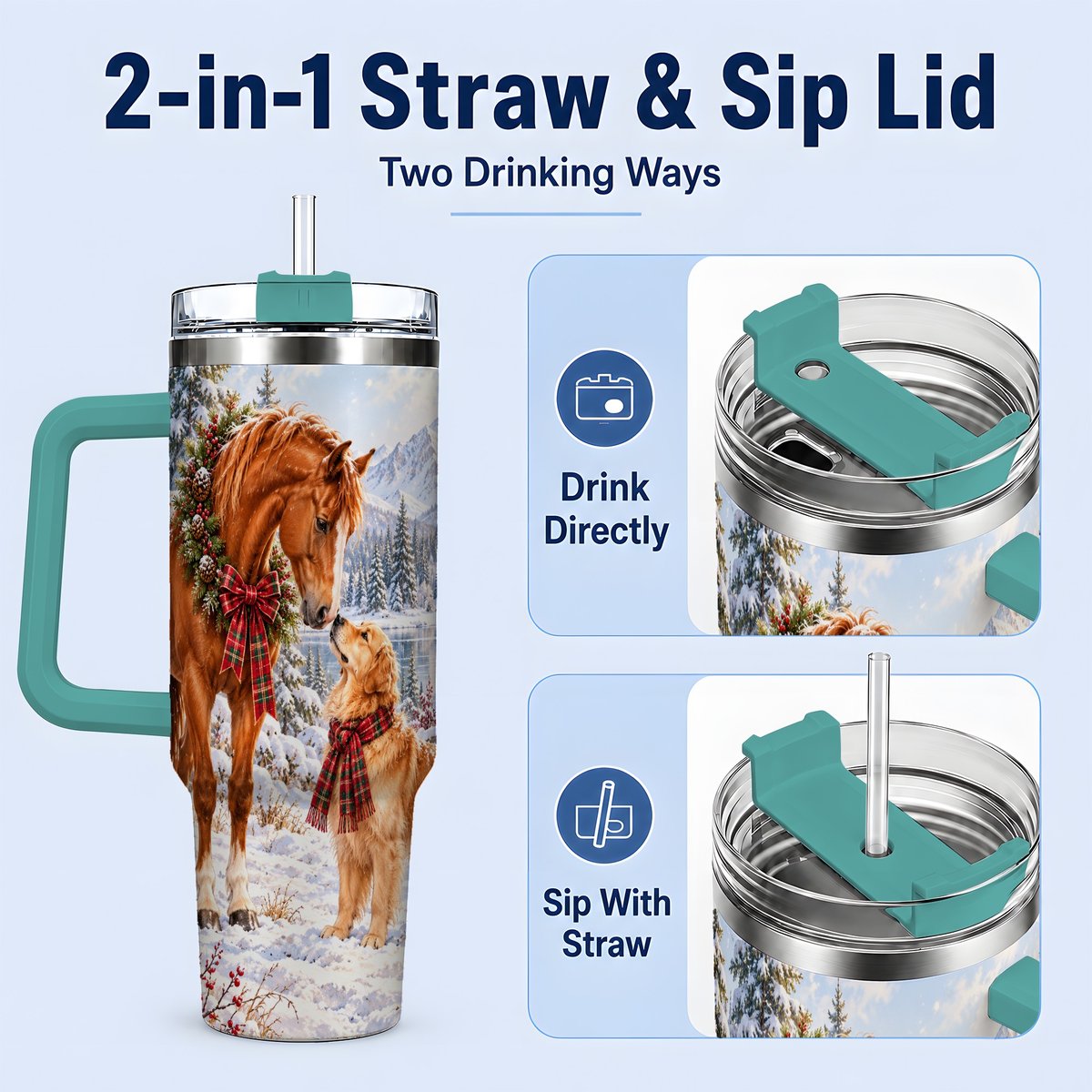 #pl[40oz|Green] Winter Horse and Golden Retriever Tumbler 40oz