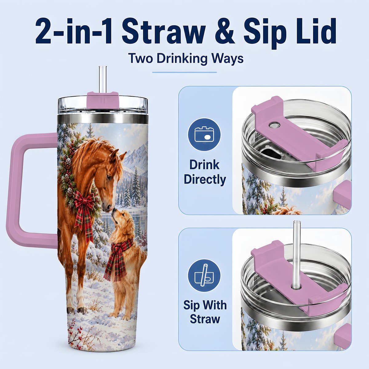 #pl[40oz|Pink] Winter Horse and Golden Retriever Tumbler 40oz