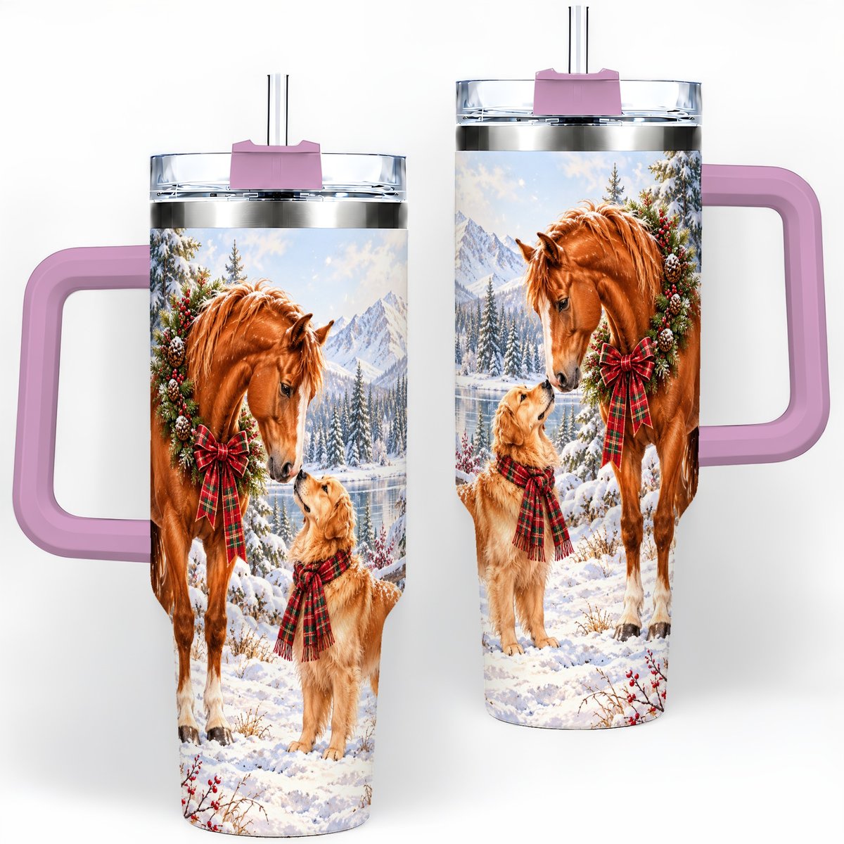 #pl[40oz|Pink] Winter Horse and Golden Retriever Tumbler 40oz