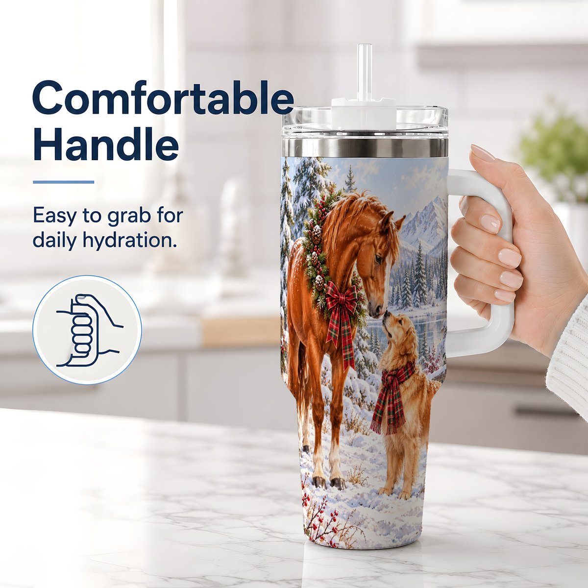 #pl[40oz|White] Winter Horse and Golden Retriever Tumbler 40oz