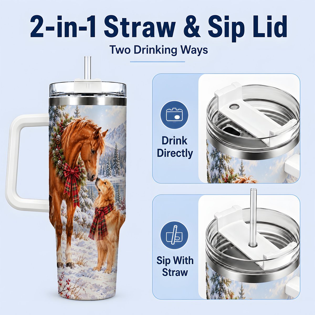 #pl[40oz|White] Winter Horse and Golden Retriever Tumbler 40oz