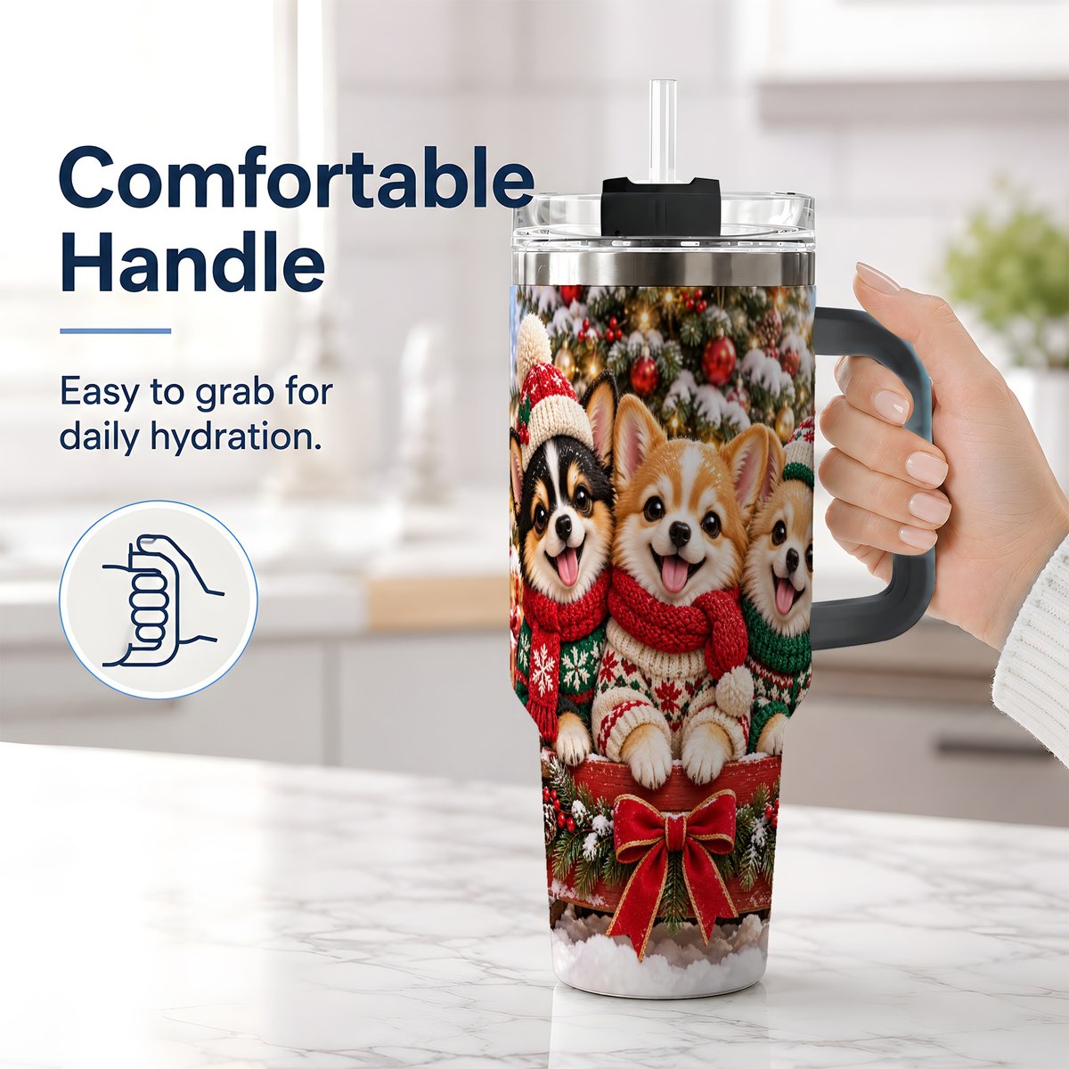 #pl[40oz|Black] Christmas Chihuahua Trio Tumbler 40oz, Holiday Sled