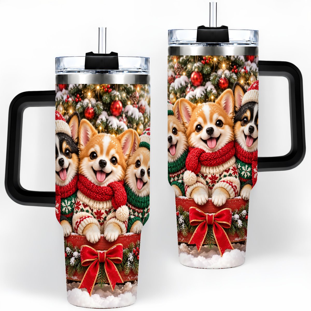 #pl[40oz|Black] Christmas Chihuahua Trio Tumbler 40oz, Holiday Sled