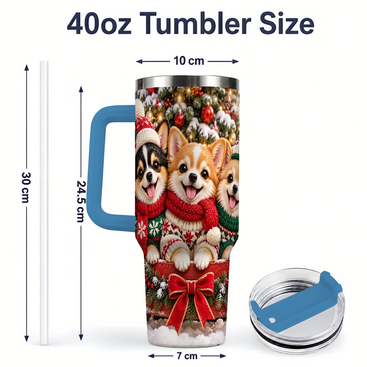 #pl[40oz|Blue] Christmas Chihuahua Trio Tumbler 40oz, Holiday Sled