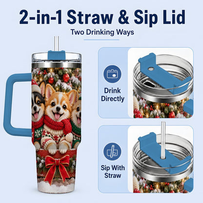 #pl[40oz|Blue] Christmas Chihuahua Trio Tumbler 40oz, Holiday Sled