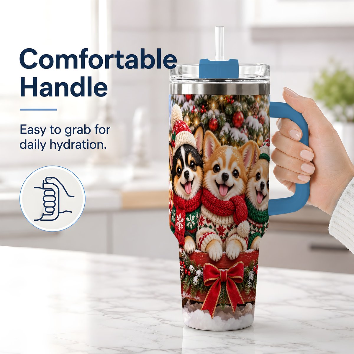 #pl[40oz|Blue] Christmas Chihuahua Trio Tumbler 40oz, Holiday Sled