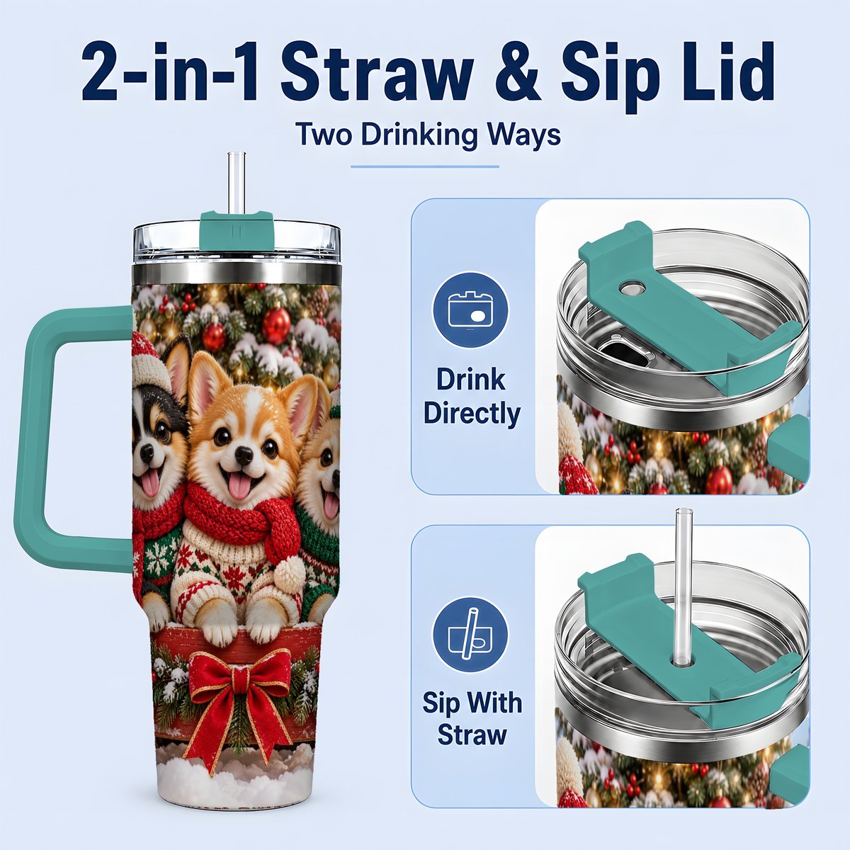 #pl[40oz|Green] Christmas Chihuahua Trio Tumbler 40oz, Holiday Sled