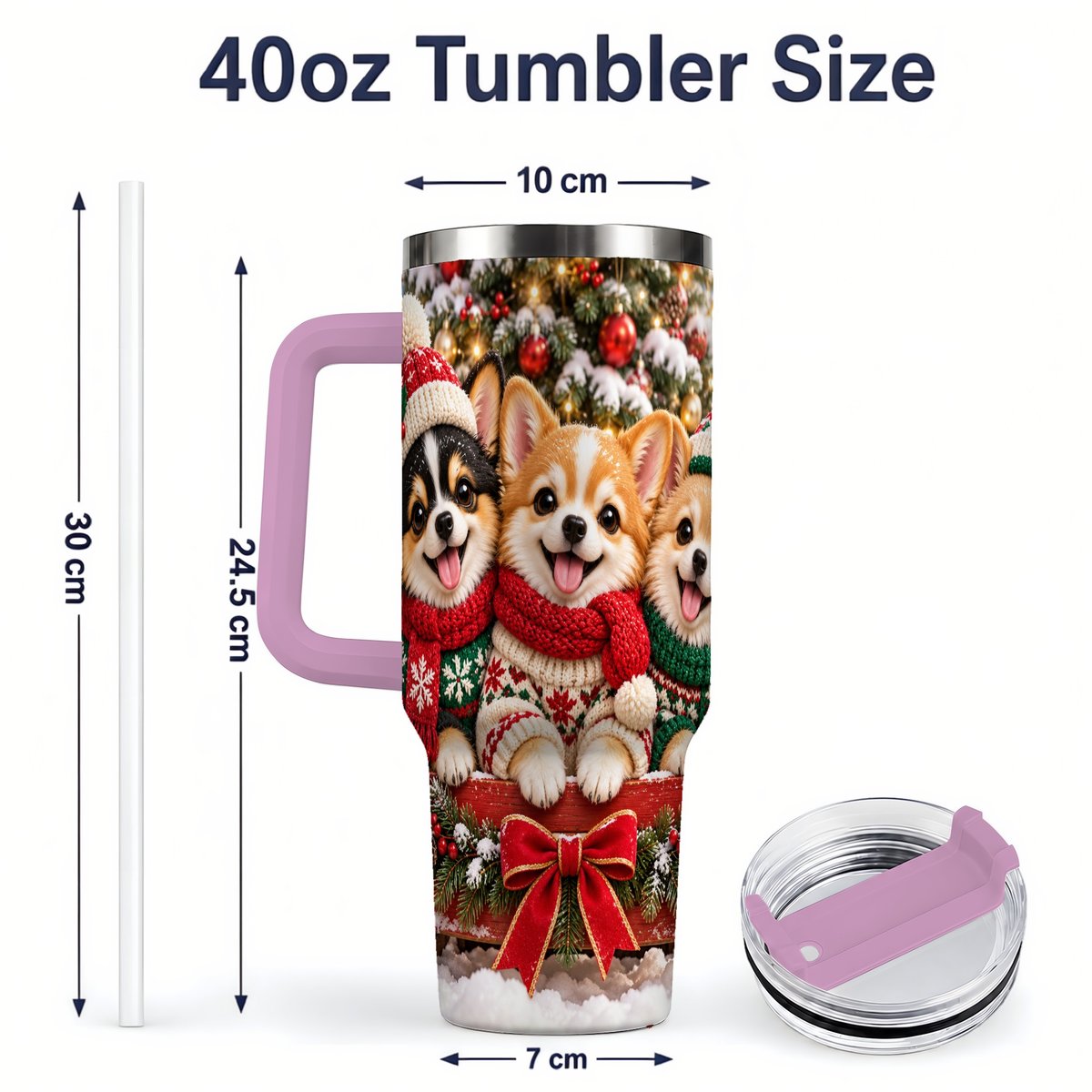 #pl[40oz|Pink] Christmas Chihuahua Trio Tumbler 40oz, Holiday Sled