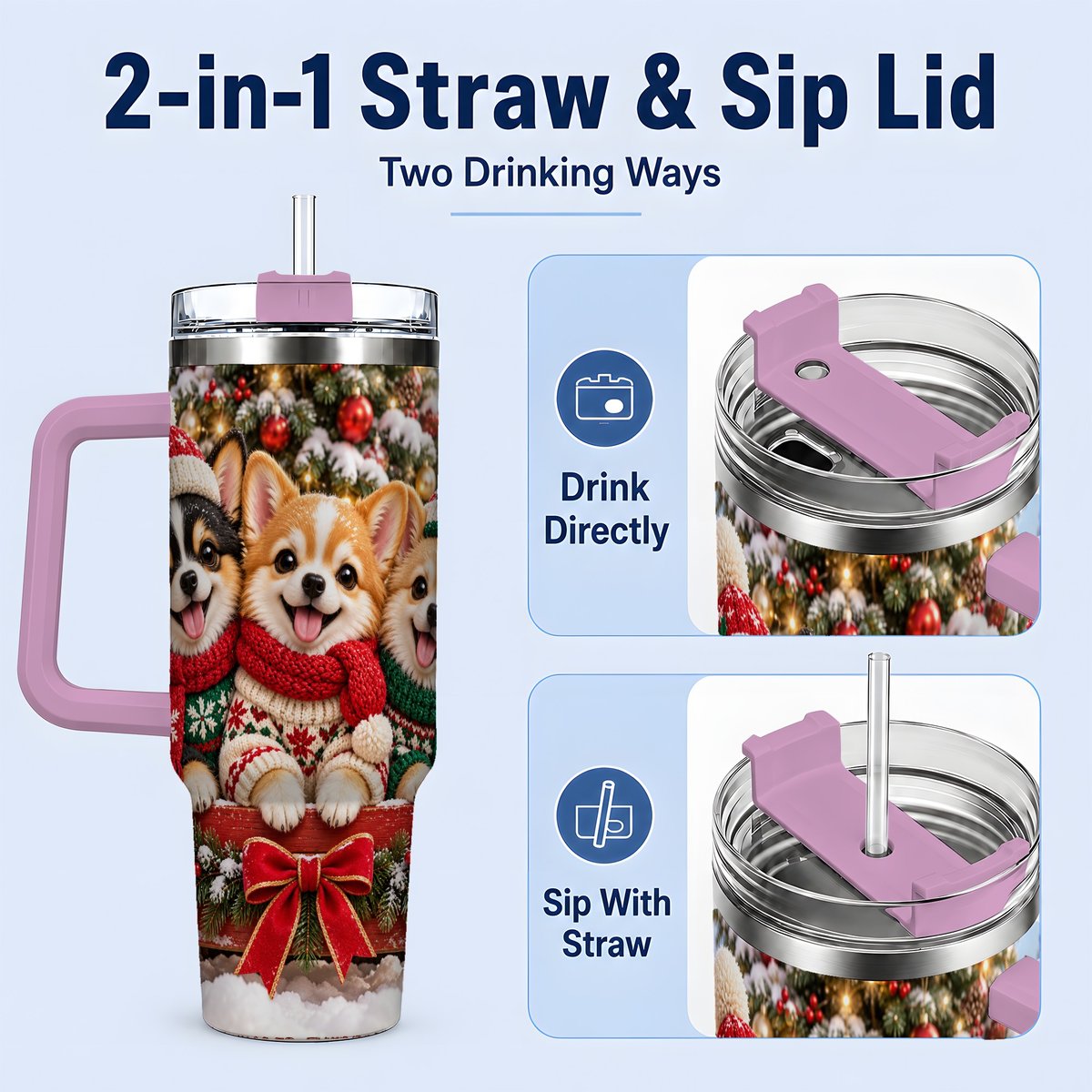 #pl[40oz|Pink] Christmas Chihuahua Trio Tumbler 40oz, Holiday Sled