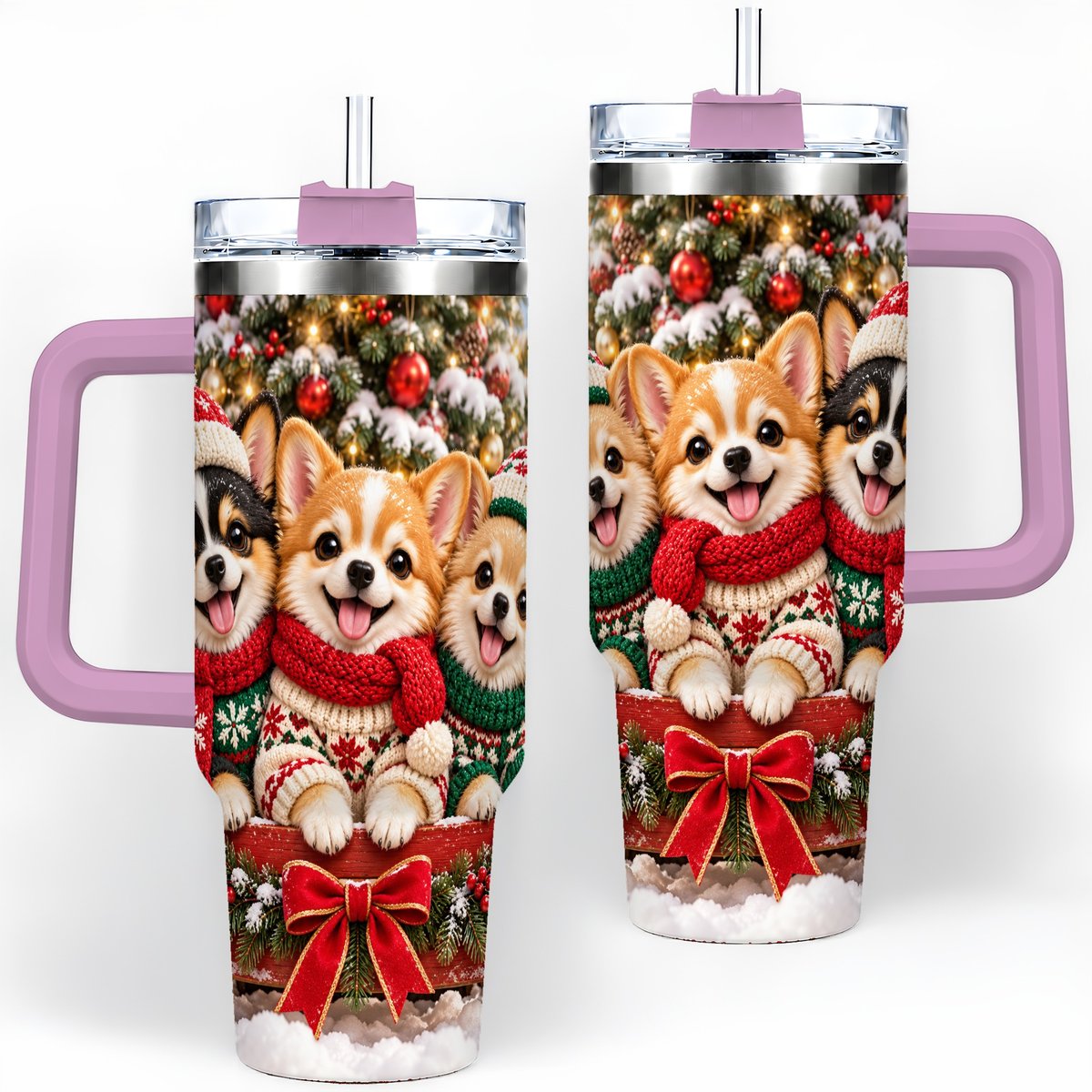 #pl[40oz|Pink] Christmas Chihuahua Trio Tumbler 40oz, Holiday Sled