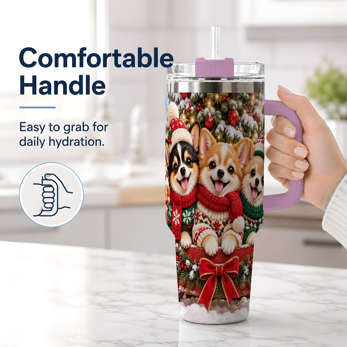 #pl[40oz|Pink] Christmas Chihuahua Trio Tumbler 40oz, Holiday Sled