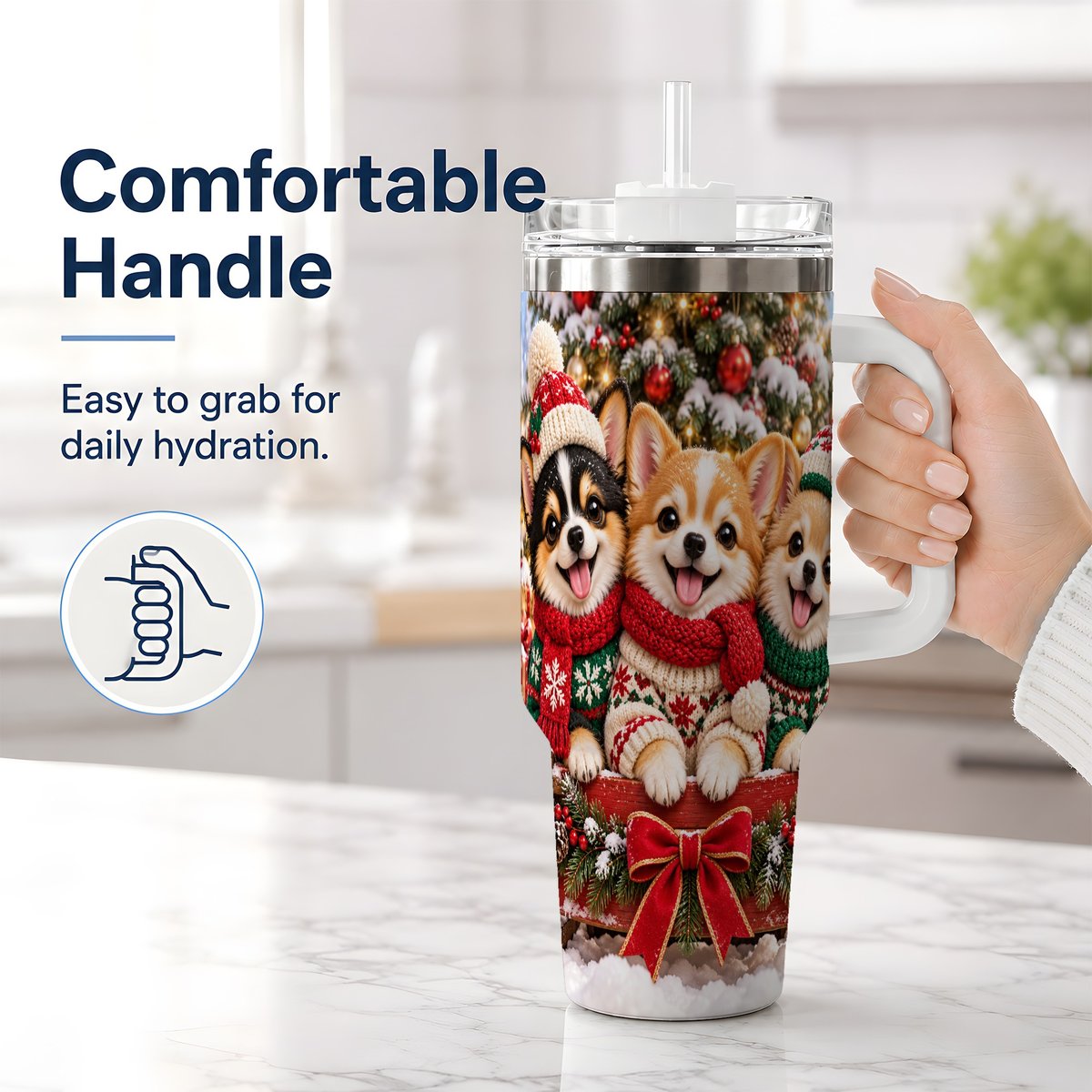 #pl[40oz|White] Christmas Chihuahua Trio Tumbler 40oz, Holiday Sled