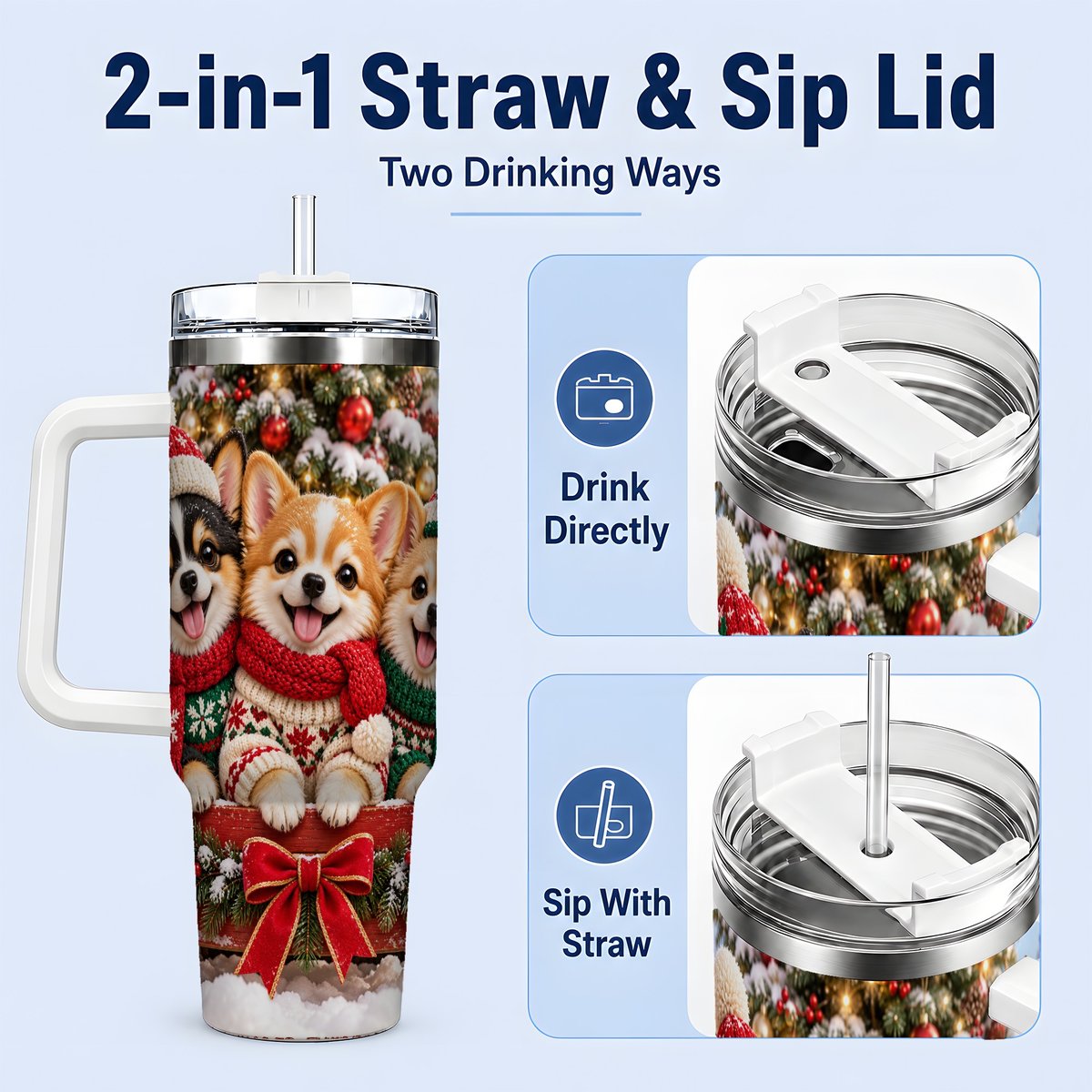 #pl[40oz|White] Christmas Chihuahua Trio Tumbler 40oz, Holiday Sled