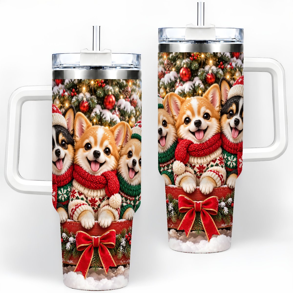 Christmas Chihuahua Trio Tumbler 40oz, Holiday Sled