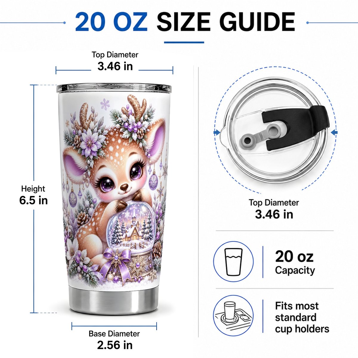 #pl[20oz|Steel] Purple Winter Reindeer Snow Globe Tumbler 20oz
