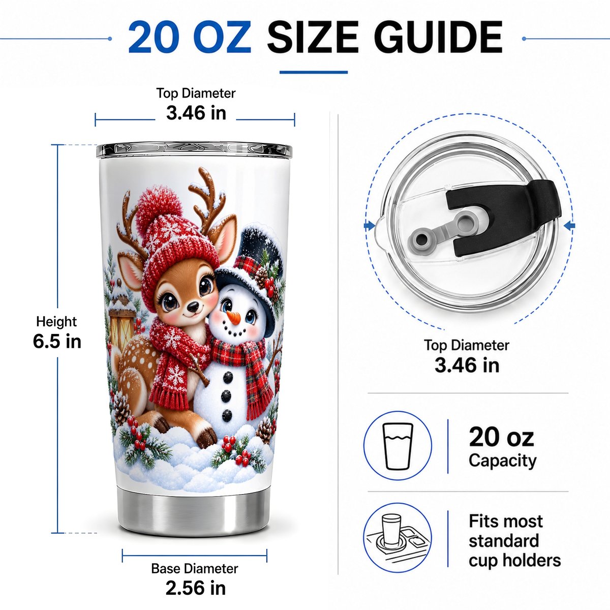 #pl[20oz|Steel] Christmas Reindeer and Snowman Tumbler 20oz, Winter Illustration